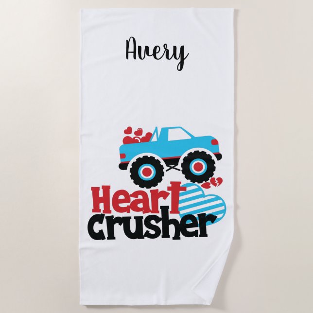 Blue Monster Truck Heart Crusher Valentine Beach Towel (Front)