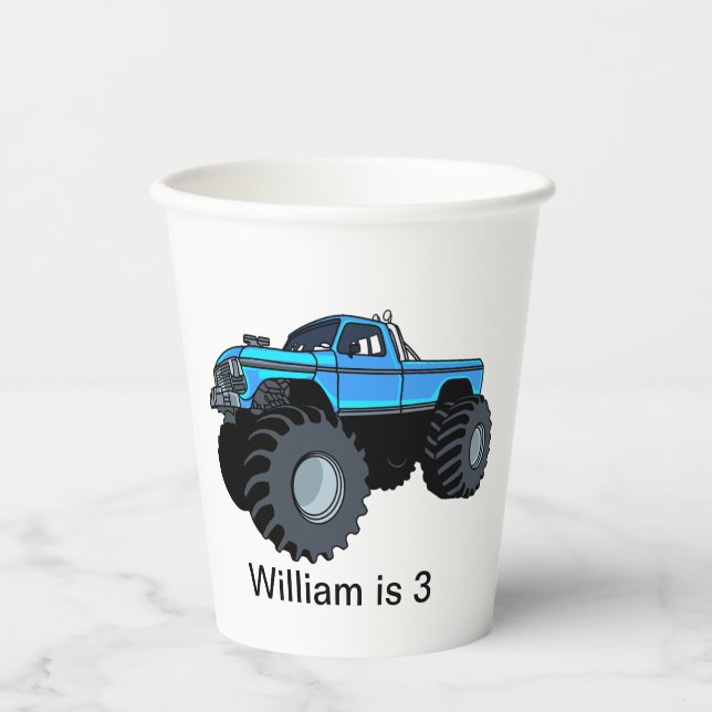 Blue Monster Truck Personalized Birthday Paper Cups (Front)