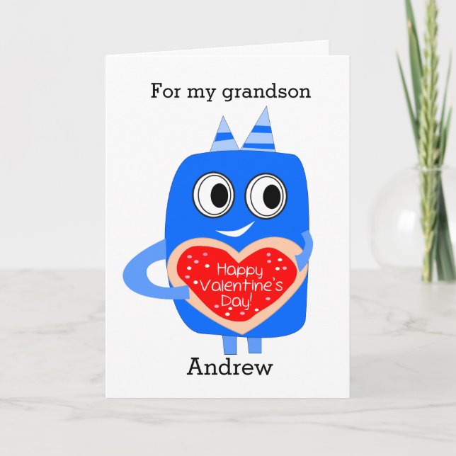 Blue Monster Valentine Grandson Holiday Card (Front)