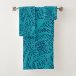Blue monstera leaves . bath towel set