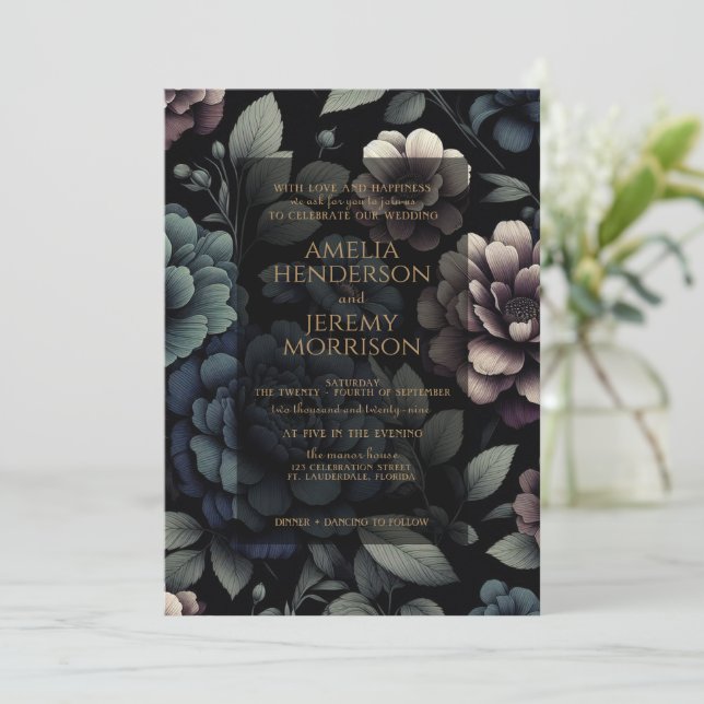 Blue Moody Floral Invitation (Standing Front)