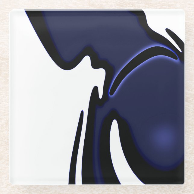 Blue Moon: Abstract Blue, White & Black Glass Coaster (Front)