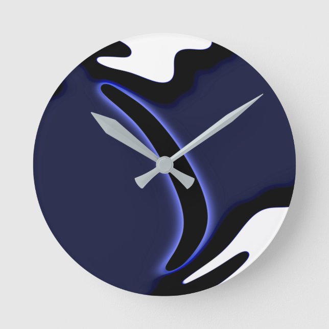 Blue Moon: Abstract Blue, White & Black Round Clock (Front)