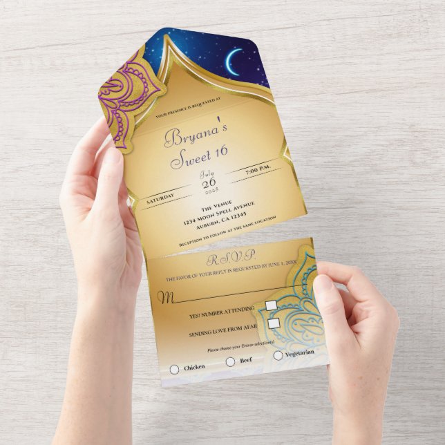 Blue Moon Arabian Nights Glam Gold Purple Sweet 16 All In One Invitation (Tearaway)