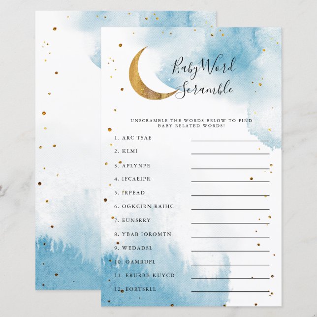 Blue Moon Baby Shower Word Scramble Game (Front/Back)