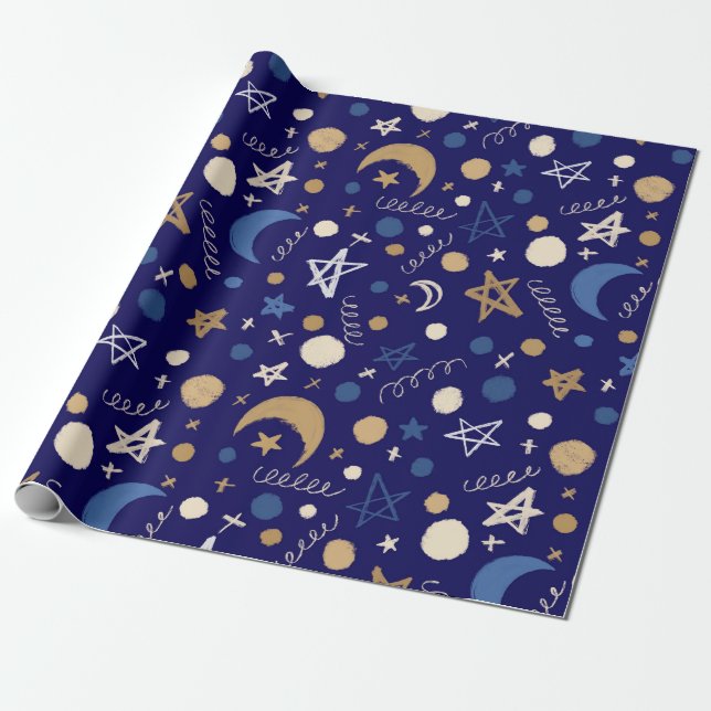 Blue Moon Festival Seamless Pattern Wrapping Paper (Unrolled)