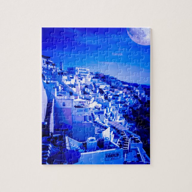 Blue Moon Over Fira Santorini Jigsaw Puzzle (Vertical)