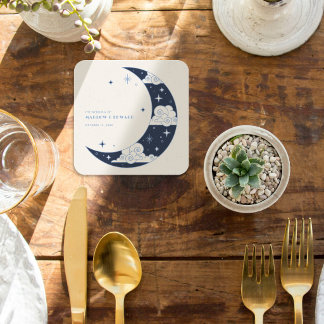 Blue Moon & Stars Celestial Wedding Reception Square Paper Coaster