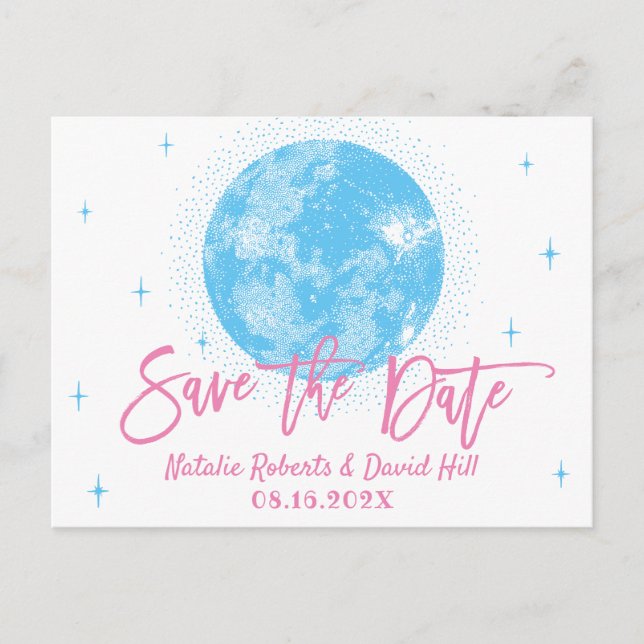 Blue Moon & Stars Celestial Wedding Save the Date Announcement Postcard (Front)