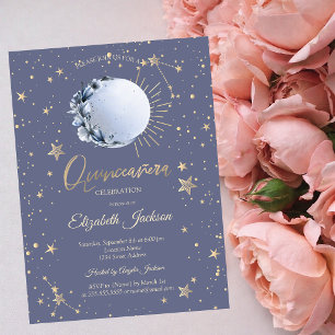 Blue Moon,Stars Flower Pastel Quinceanera Invitation