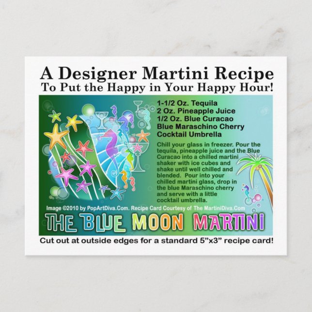 Blue Moon Tropical Martini Recipe Card Postcard (Front)