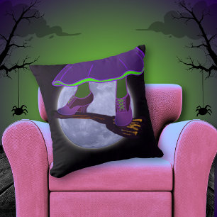 Blue Moon Witch Flying   Skateboarding Broom Throw Pillow