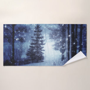 Blue Moonlit Magical Forest Winter Scene Bath Towel Set