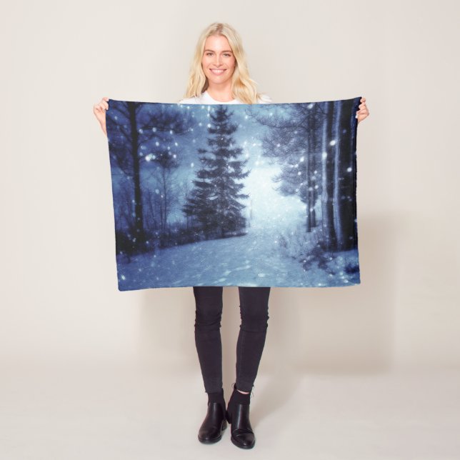 Blue Moonlit Magical Forest Winter Scene Fleece Blanket (In Situ)