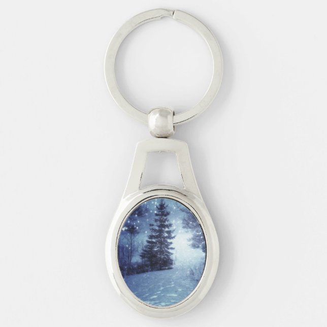 Blue Moonlit Magical Forest Winter Scene Keychain (Front)