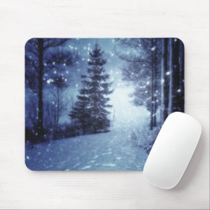 Blue Moonlit Magical Forest Winter Scene Mouse Pad