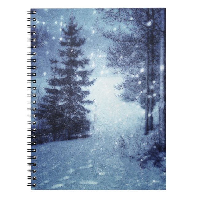 Blue Moonlit Magical Forest Winter Scene Notebook (Front)