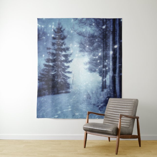 Blue Moonlit Magical Forest Winter Scene Tapestry (In Situ)