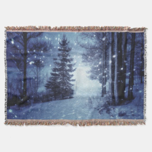 Blue Moonlit Magical Forest Winter Scene Throw Blanket (Front)
