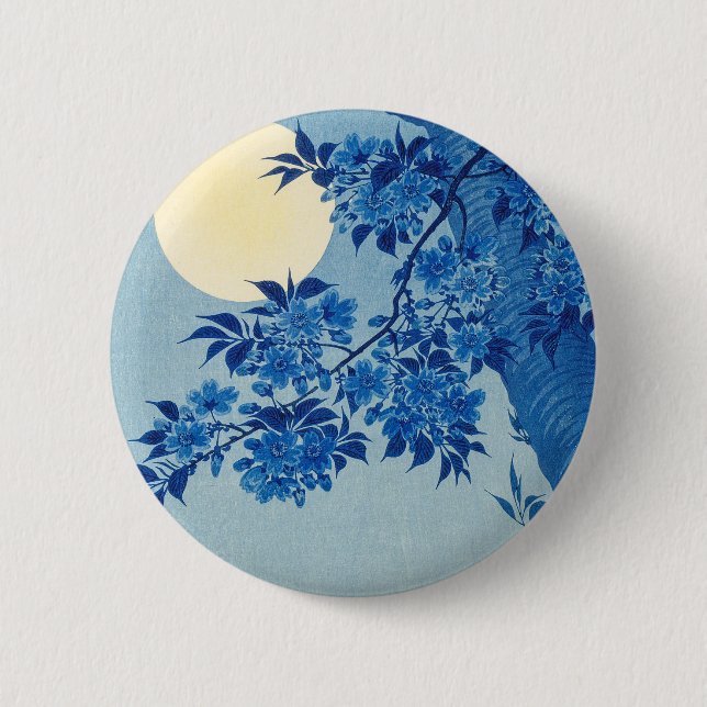 Blue Moonlit Tree: Japanese Cherry Blossom Night 2 Inch Round Button (Front)