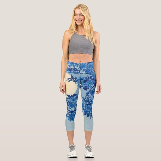 Blue Moonlit Tree: Japanese Cherry Blossom Night Capri Leggings (Front)