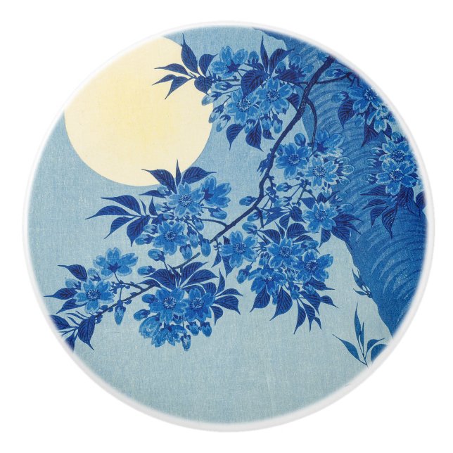 Blue Moonlit Tree: Japanese Cherry Blossom Night Ceramic Knob (Front)