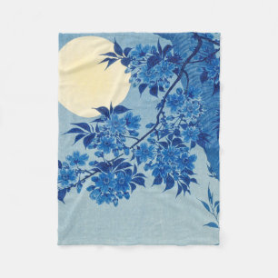 Blue Moonlit Tree: Japanese Cherry Blossom Night Fleece Blanket