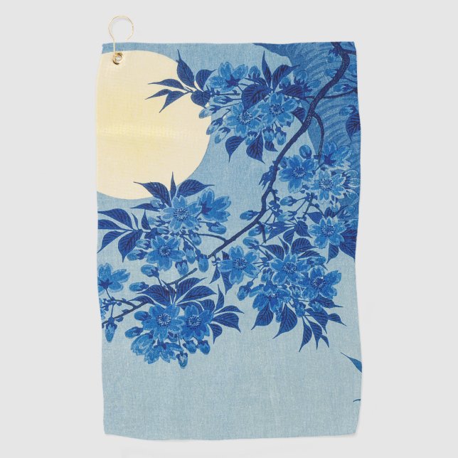 Blue Moonlit Tree: Japanese Cherry Blossom Night Golf Towel (Front)