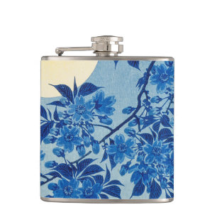 Blue Moonlit Tree: Japanese Cherry Blossom Night Hip Flask