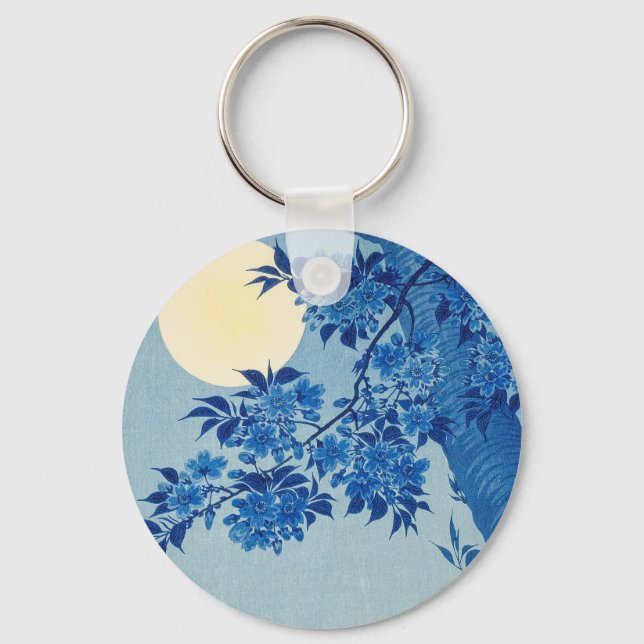 Blue Moonlit Tree: Japanese Cherry Blossom Night Keychain (Front)