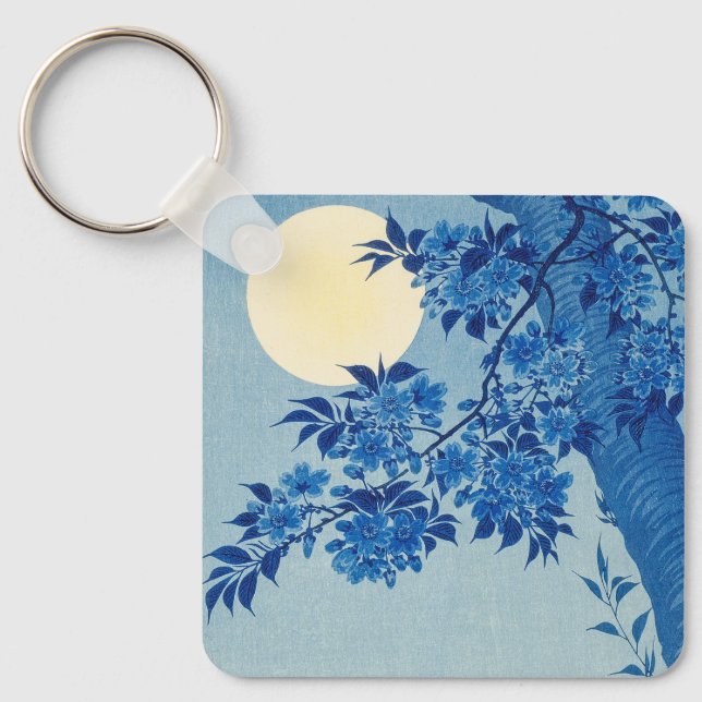 Blue Moonlit Tree: Japanese Cherry Blossom Night Keychain (Front)