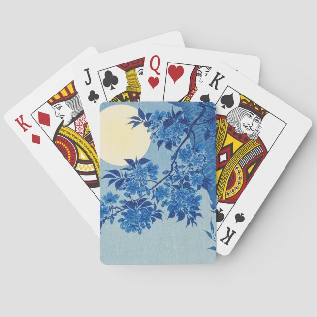 Blue Moonlit Tree: Japanese Cherry Blossom Night Playing Cards (Back)