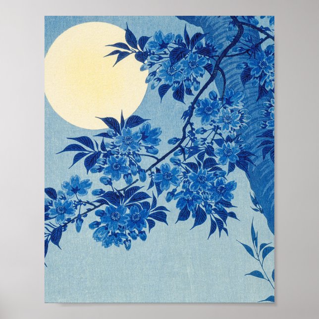 Blue Moonlit Tree: Japanese Cherry Blossom Night Poster (Front)