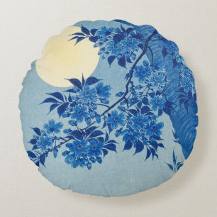 Blue Moonlit Tree: Japanese Cherry Blossom Night Round Pillow
