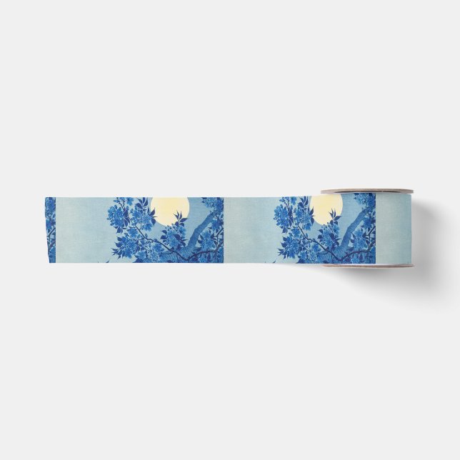 Blue Moonlit Tree: Japanese Cherry Blossom Night Satin Ribbon (Front)