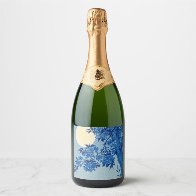 Blue Moonlit Tree: Japanese Cherry Blossom Night Sparkling Wine Label (Front)