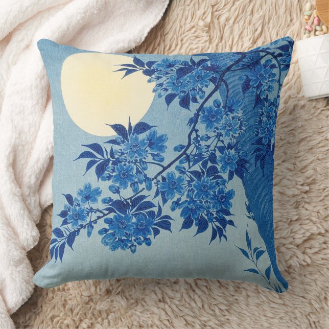 Blue Moonlit Tree: Japanese Cherry Blossom Night Throw Pillow (Blanket)