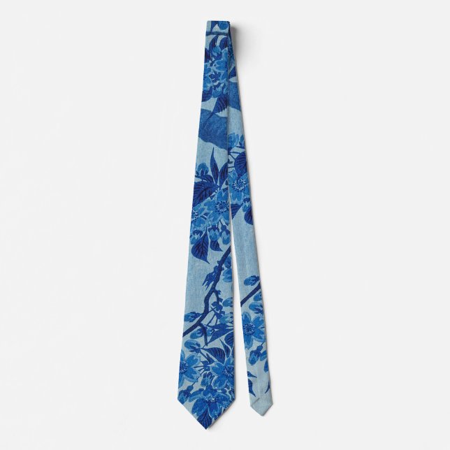 Blue Moonlit Tree: Japanese Cherry Blossom Night Tie (Front)