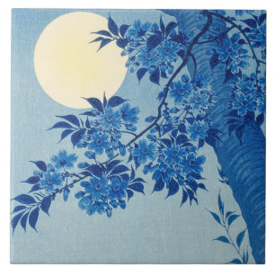 Blue Moonlit Tree: Japanese Cherry Blossom Night Tile