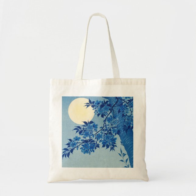 Blue Moonlit Tree: Japanese Cherry Blossom Night Tote Bag (Front)