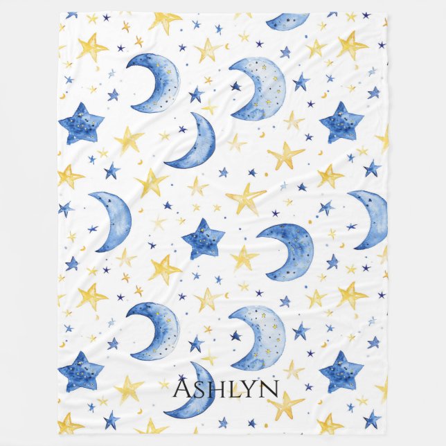 Blue Moons Gold Stars Fleece Blanket (Front)