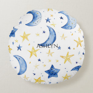 Blue Moons Gold Stars Round Pillow