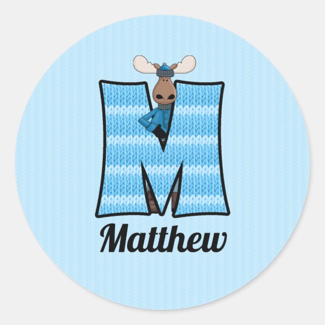 Blue Moose Monogram Letter M with Name Classic Round Sticker (Front)