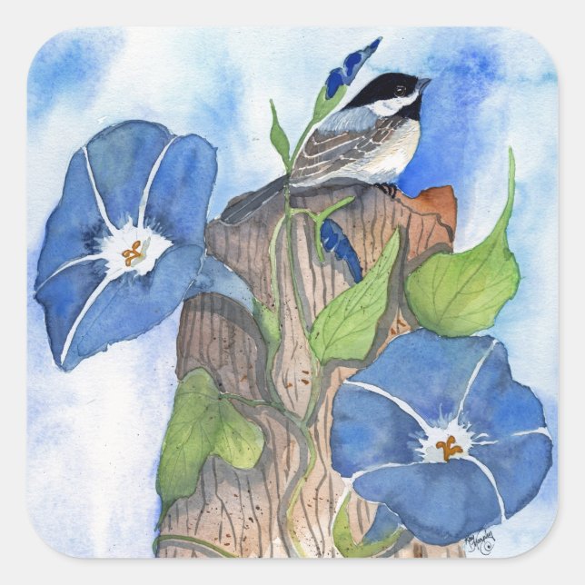 Blue Morning Glories and Chickadee Square Sticker (Front)