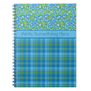 Blue Morning Glory and Plaid Spiral Notebook