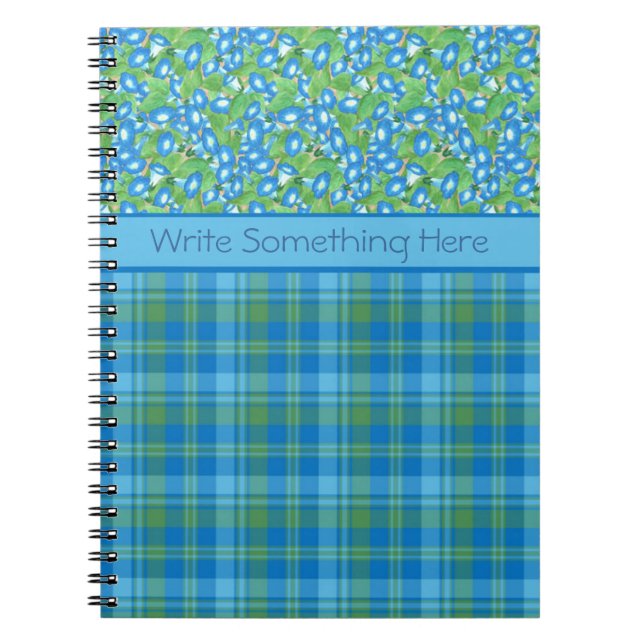 Blue Morning Glory and Plaid Spiral Notebook (Front)