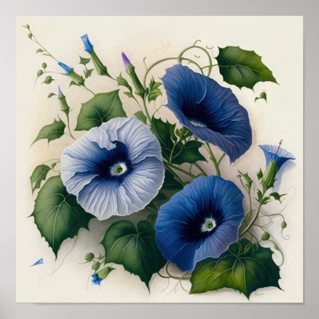 Blue Morning Glory Flowers Art Print Poster (Devant)