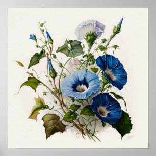 Blue Morning Glory Flowers Art Print Poster