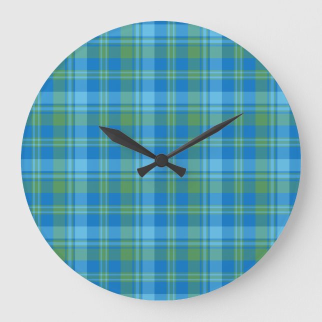 Blue Morning Glory Plaid Round Wall Clock (Front)