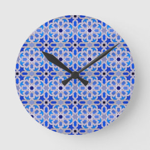Blue Moroccan Geometric Pattern Round Clock